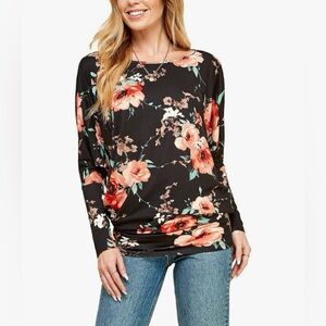 Flowy and Comfort Draped Long Sleeve Batwing Dolman -black floral